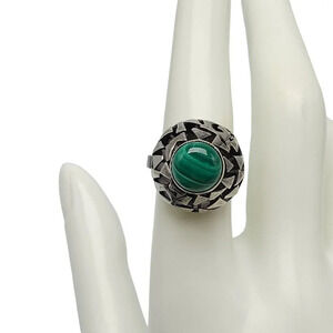 925 Sterling Silver Malachite Natural Green Stone Round Dome Ring Israel Vintage
